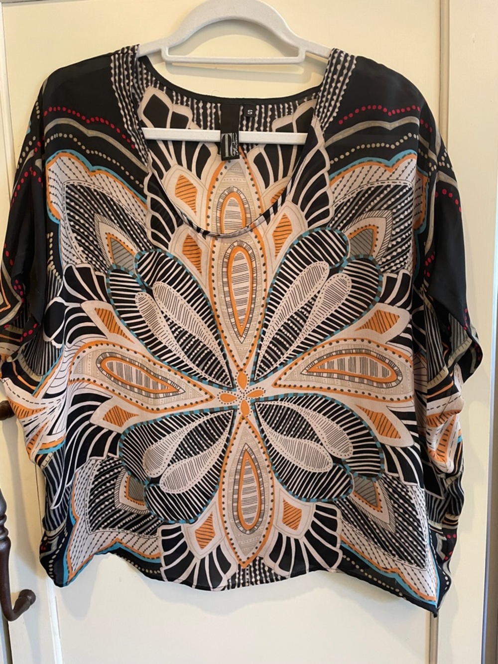 Robert Graham Black Tunic with Gold, Teal & Cream Floral Medallion